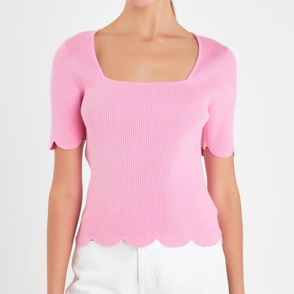 English Factory Scallop Hem Square Neck Sweater - Pink